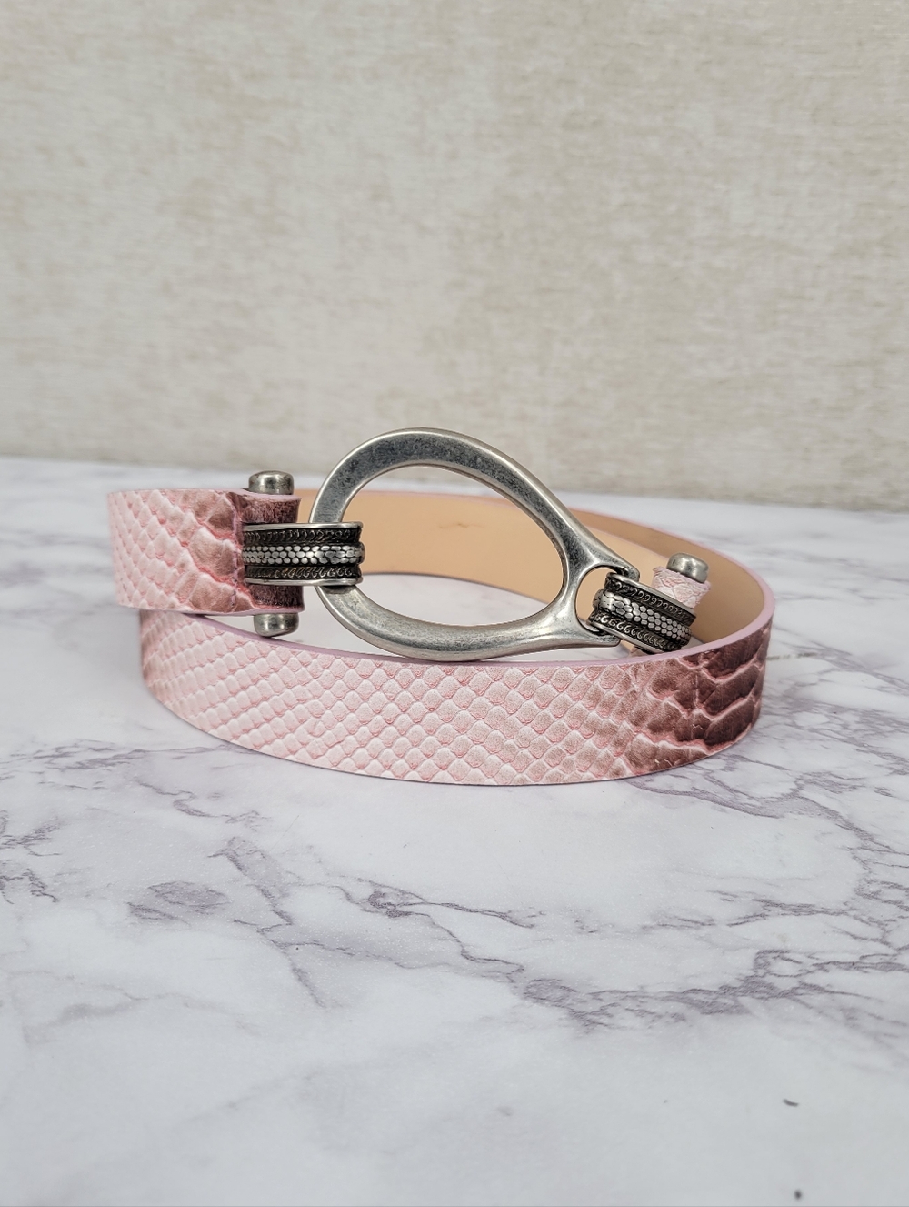 Garuglieri Italian Pink Python Snake Textured Leather Women's Belt Silver Buckle